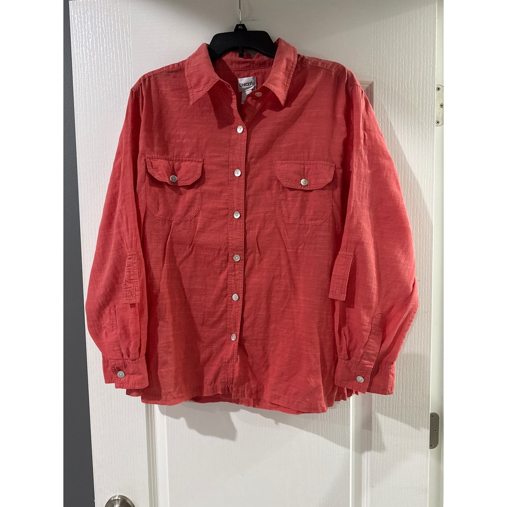 Chico's Women Coral Pink 100% Cotton Button‎ Down Roll Tab Shirt Size 3 XL